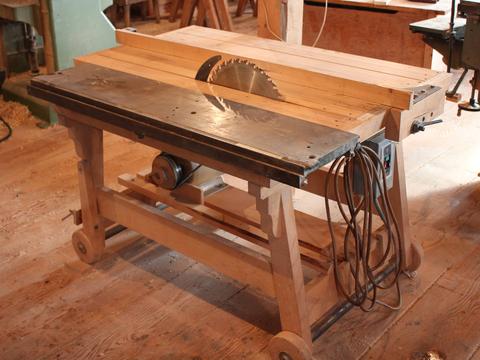  built a wooden table saw to use as asecond table saw in his workshop